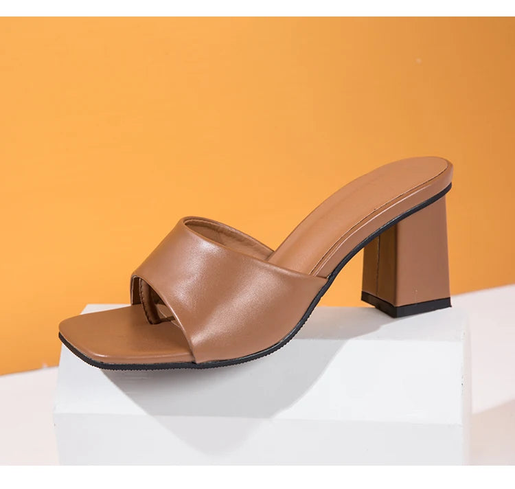 2025 Summer Women Slippers Fashion High Heels Square Toe Rubber PU Leisure Beach Green Flip Flops Sandalias Mujer Size 42