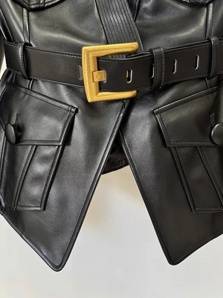 HIGH STREET Newest 2025 Designer Jacket Women's Belt Slim Fitting Leather Button Pocket Decoration Artificial Leather Blazer