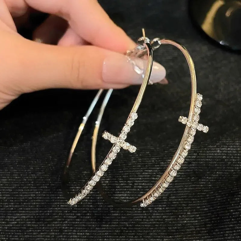 Shiny Big Circel Cross Hoop Earrings for Women Girl Rhinestone Geometric Ear Buckles Earrings Wedding Party Jewelry Accessories