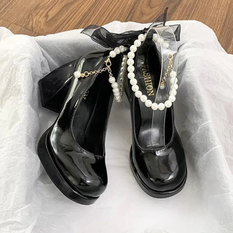 Ladies High Heels Elegant Bow Square Toe Black Fashion Women's Pumps Thick Heel Wedding Party Pearl Lace Wedding Shoes for Women