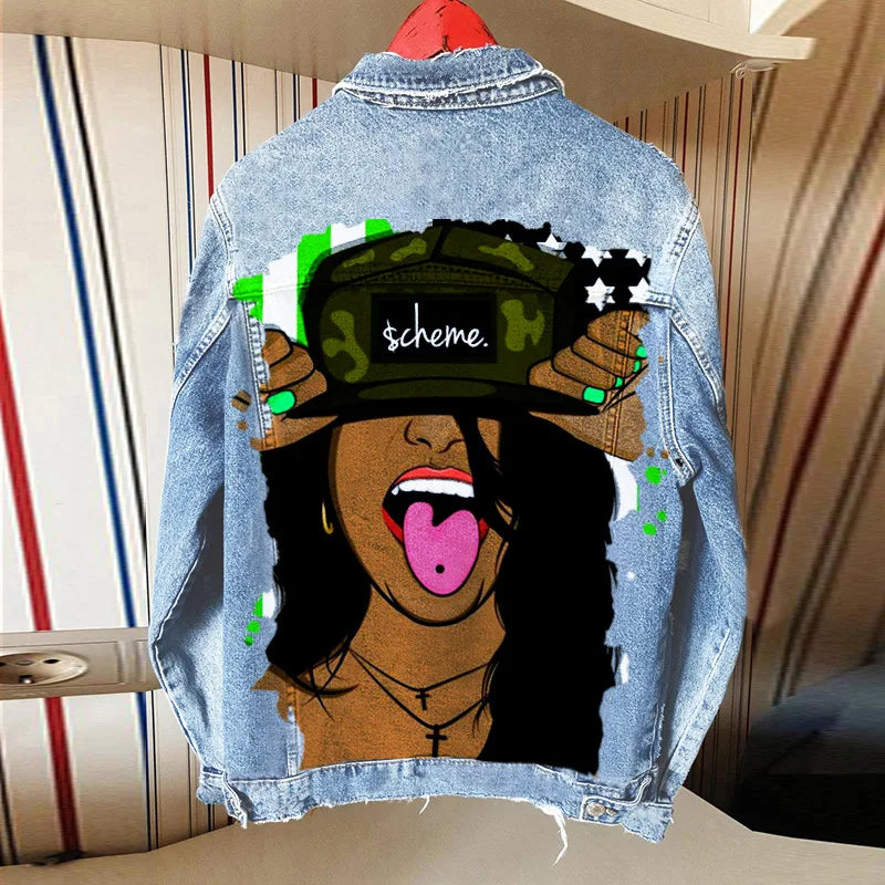 Women's Clothing 2024 Autumn New Hot Street Fashion INS Net Red Personality Sweet Love Girl Print Lapel Denim Jacket