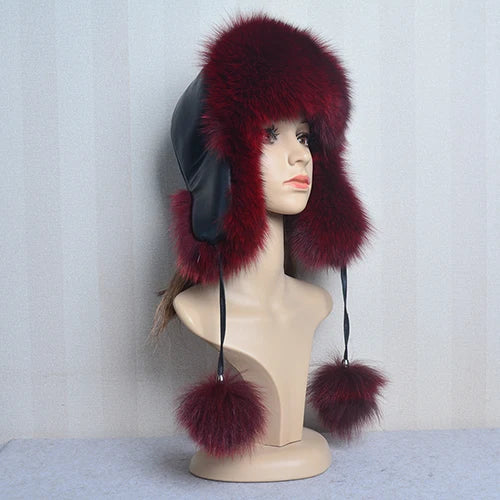 Winter Fur Hat for Women Hat with Ear Real Fox Fur Caps Russian Women Bomber Hats Bonnets Trapper Cap Camo Fox Hat Wholesale