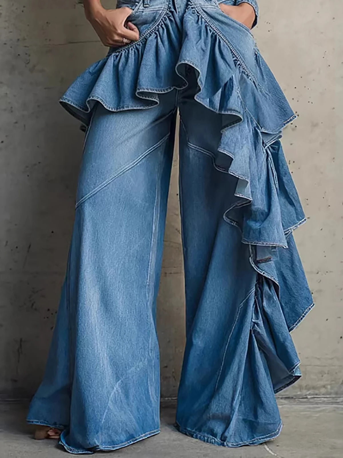 Women's Fashionable Blue Ruffle Wide Leg Jeans High Waist Asymmetrical Fringe Denim Pants Chic Streetwear Vintage Female Jeans