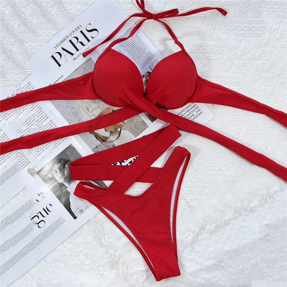 Black High Waisted Bikini Push Up Women String Halter Swimwear Cross Bandage Swimsuit Bathing Suit Brazilian Bikinis Sets 2025