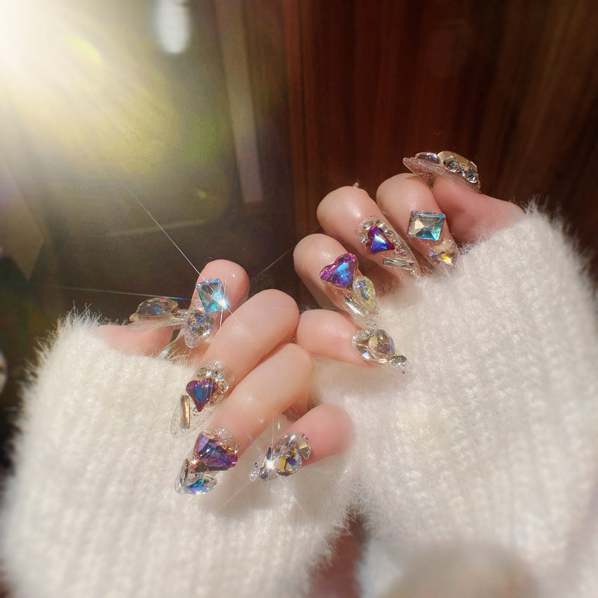 24pcs Handcrafted Ice Clear Heart Glam Nails - Dazzling Glossy Almond Shape with Sparkling Rhinestones, Full Cover False Nails Set for Fashion-Forward Women & Girls