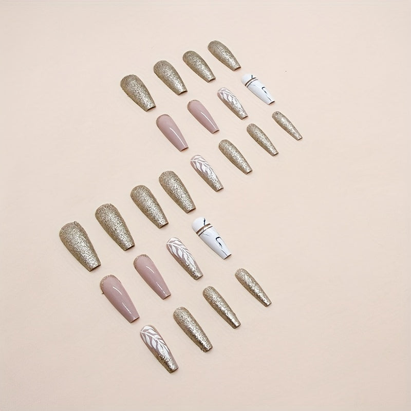 24pcs Dazzling Golden Glitter Ballerina False Nails - Chic Long Press-On with Delicate White Leaves Design - Seasonal Nail Art for Fashion-Forward Women & Girls