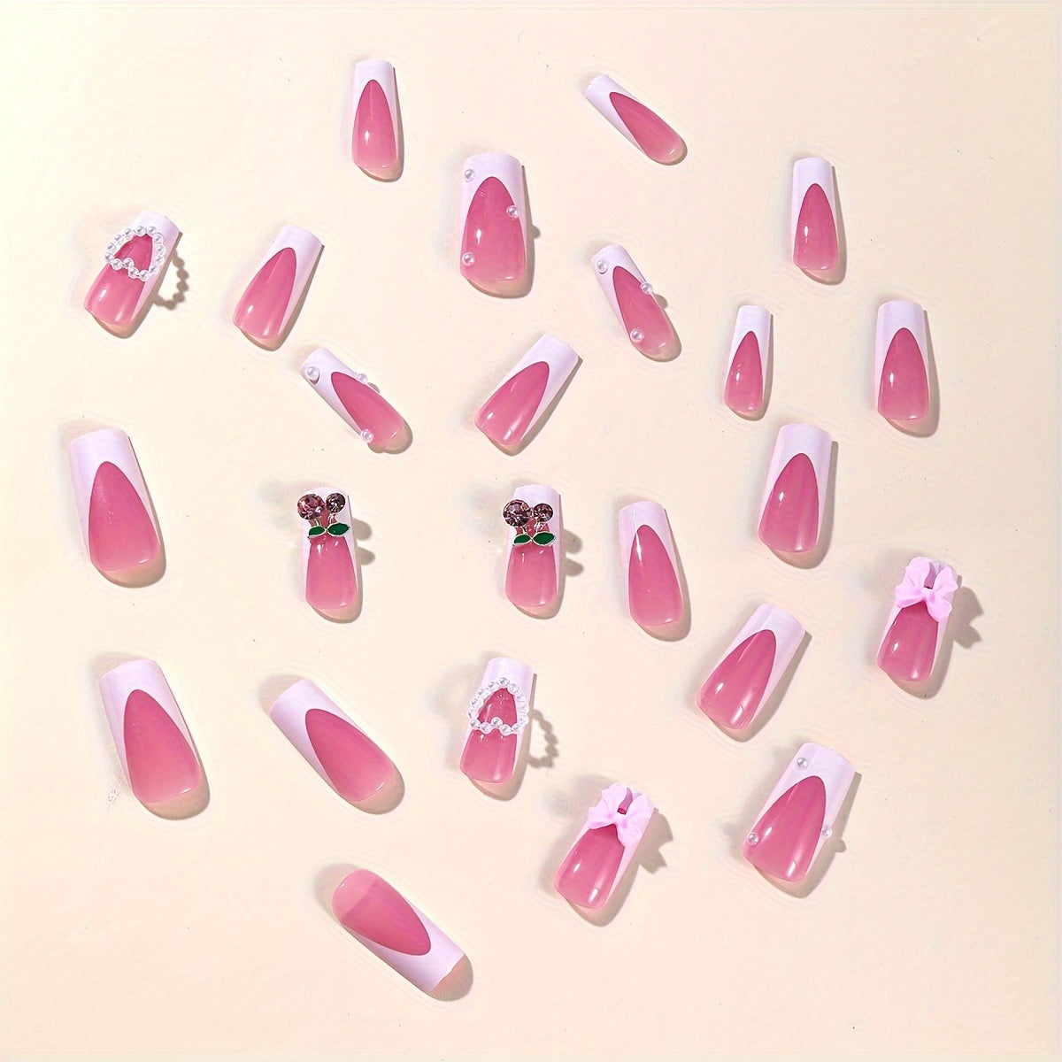 24Pcs Pink Medium Square French Tip Fake Nails Pearl Heart Cherry Bow Design Stick On Nails Glossy Full Cover Sweet False Nails For Women And Girls