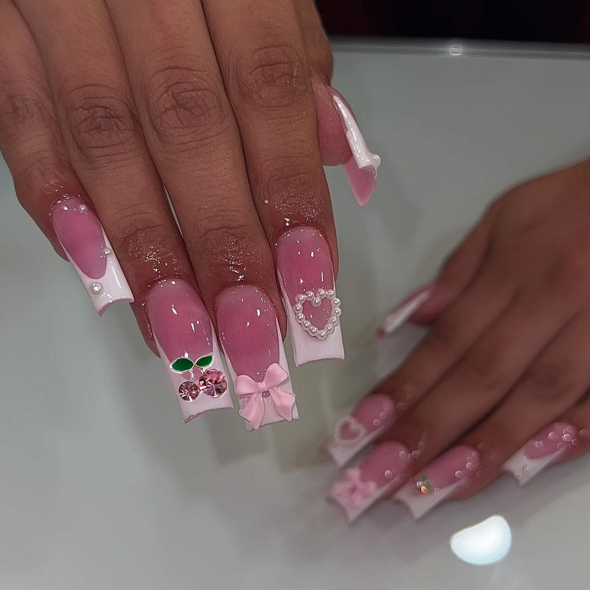 Pink Pearl Heart Cherry Bow Press-On Nails