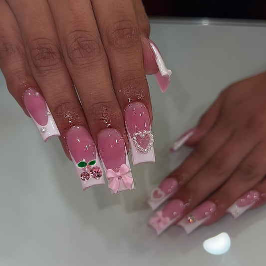 24Pcs Pink Medium Square French Tip Fake Nails Pearl Heart Cherry Bow Design Stick On Nails Glossy Full Cover Sweet False Nails For Women And Girls