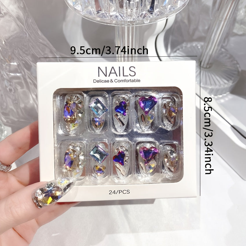 24pcs Handcrafted Ice Clear Heart Glam Nails - Dazzling Glossy Almond Shape with Sparkling Rhinestones, Full Cover False Nails Set for Fashion-Forward Women & Girls
