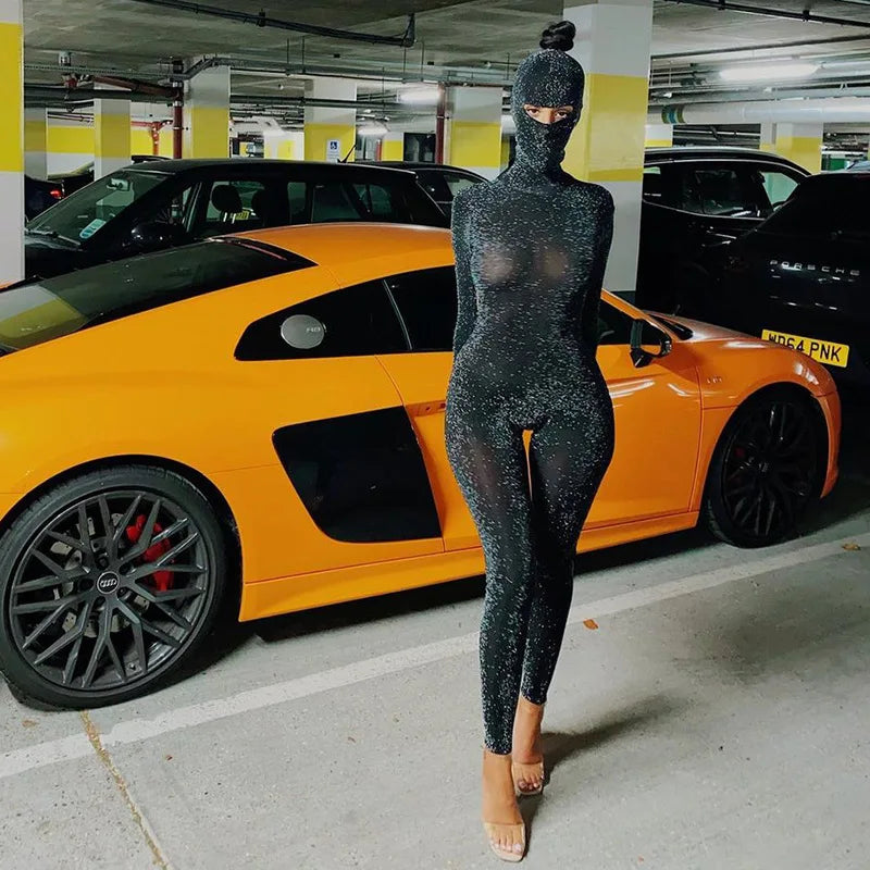 Shiny Outstanding Bodycon Hooded Jumpsuit Women Long Sleeve Sexy Backless Fashion Streetwear Skinny Slim Female Overoll