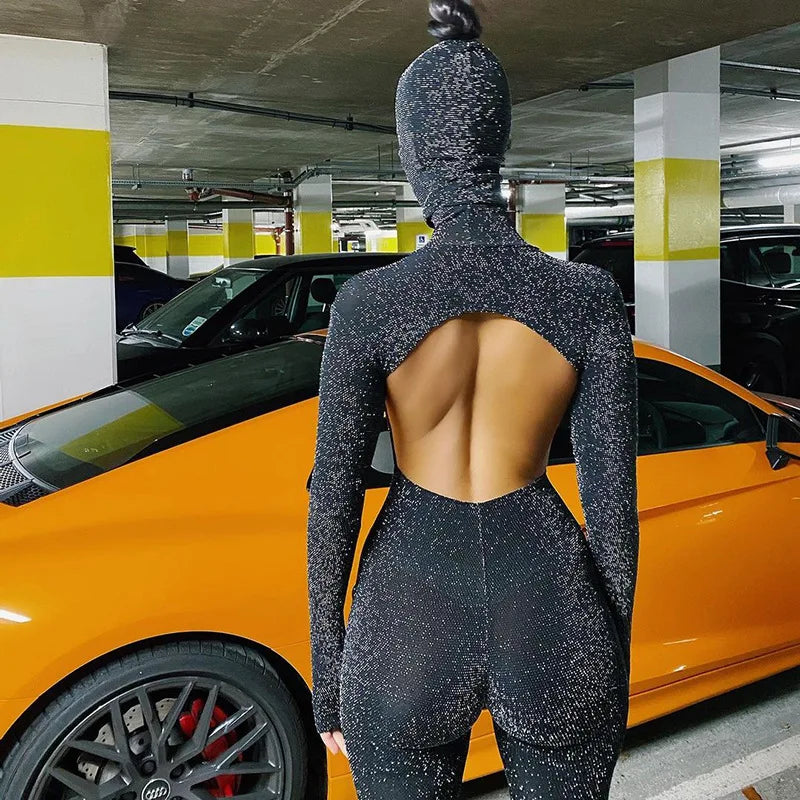 Shiny Outstanding Bodycon Hooded Jumpsuit Women Long Sleeve Sexy Backless Fashion Streetwear Skinny Slim Female Overoll