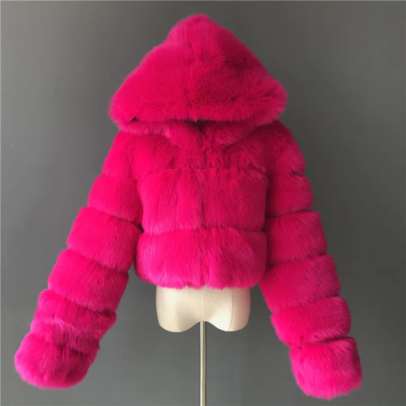 Winter Plus Size Women Faux Fur Coat Jacket Women Fleece Coat With Hood Fashion Cropped Top Fur Coat for Lady