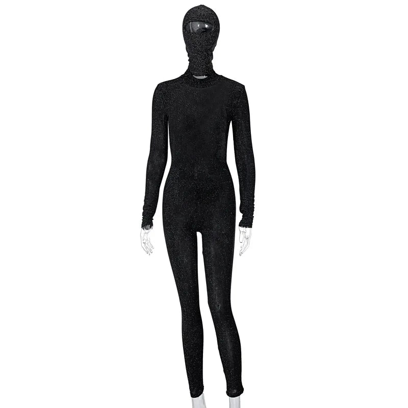Shiny Outstanding Bodycon Hooded Jumpsuit Women Long Sleeve Sexy Backless Fashion Streetwear Skinny Slim Female Overoll