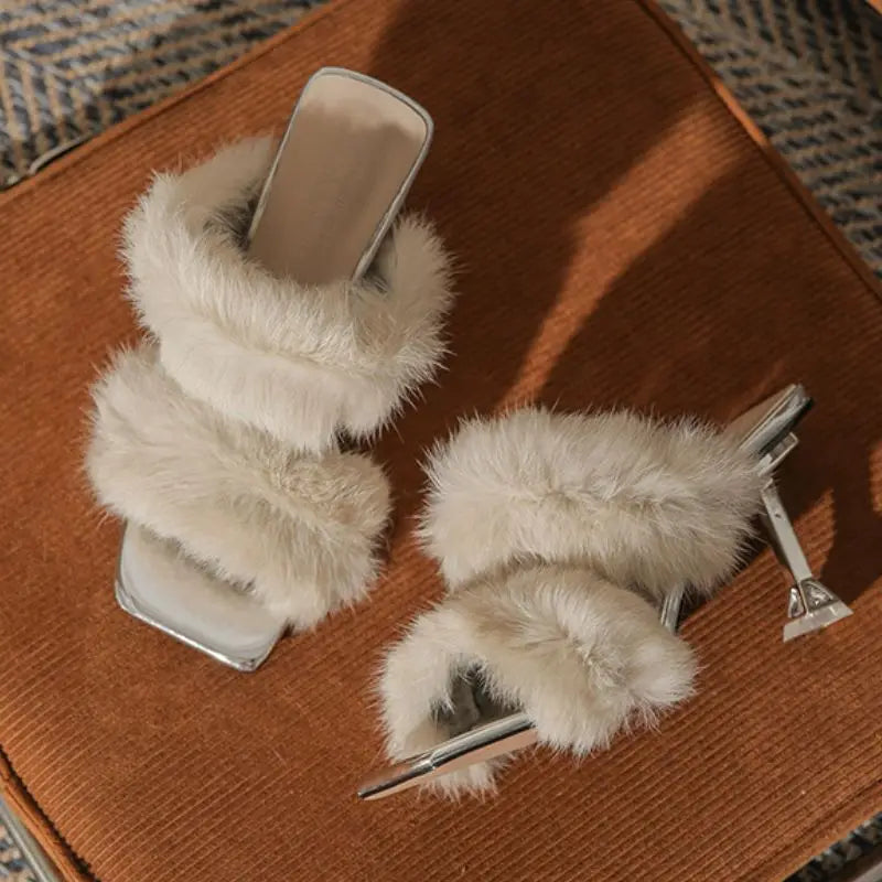 New Pantofole Con Tacco E Piume Mules Kitten Cup Open Toe Slipper Sandals Faux Fur Heels for Women