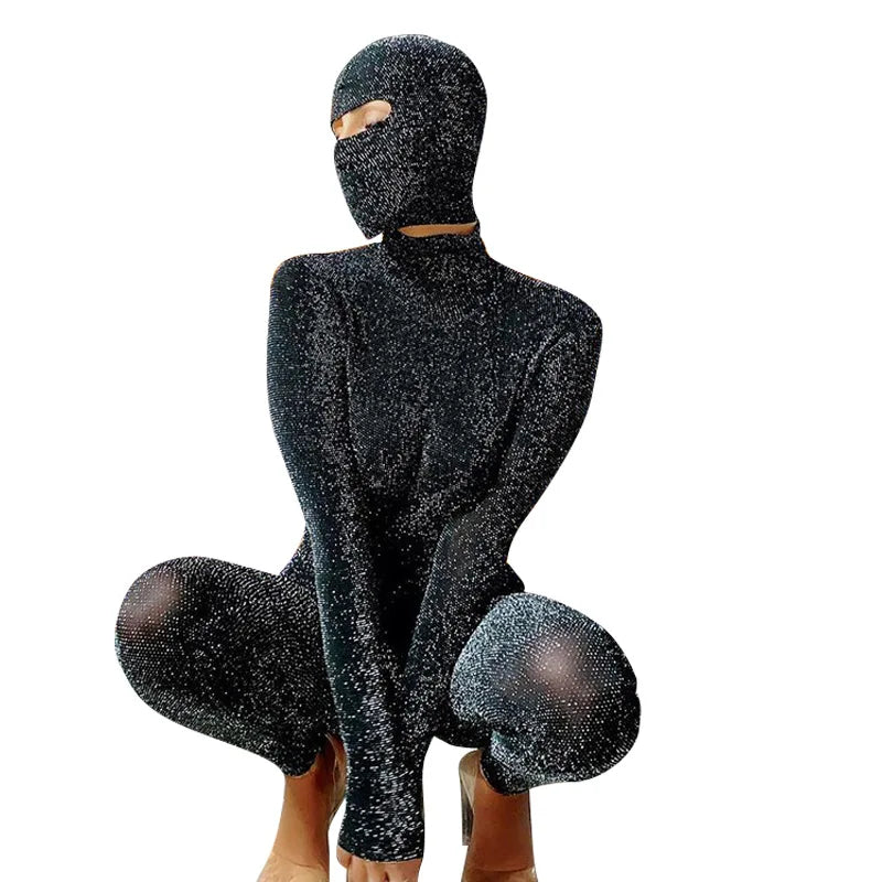Shiny Outstanding Bodycon Hooded Jumpsuit Women Long Sleeve Sexy Backless Fashion Streetwear Skinny Slim Female Overoll