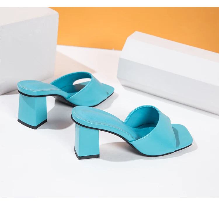 2025 Summer Women Slippers Fashion High Heels Square Toe Rubber PU  Leisure Beach Green  Flip Flops Sandalias Mujer Size 42