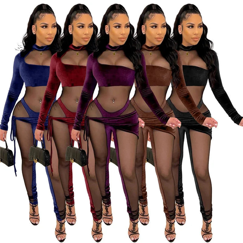 Sexy See-through Mesh Patchwork Velvet Jumpsuit Women Clubwear Long Sleeve Rompers Womens Jumpsuit Bodycon Overalls for Women