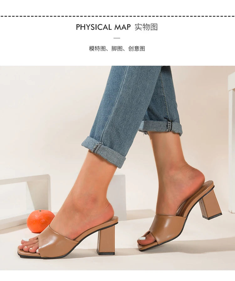 2025 Summer Women Slippers Fashion High Heels Square Toe Rubber PU  Leisure Beach Green  Flip Flops Sandalias Mujer Size 42