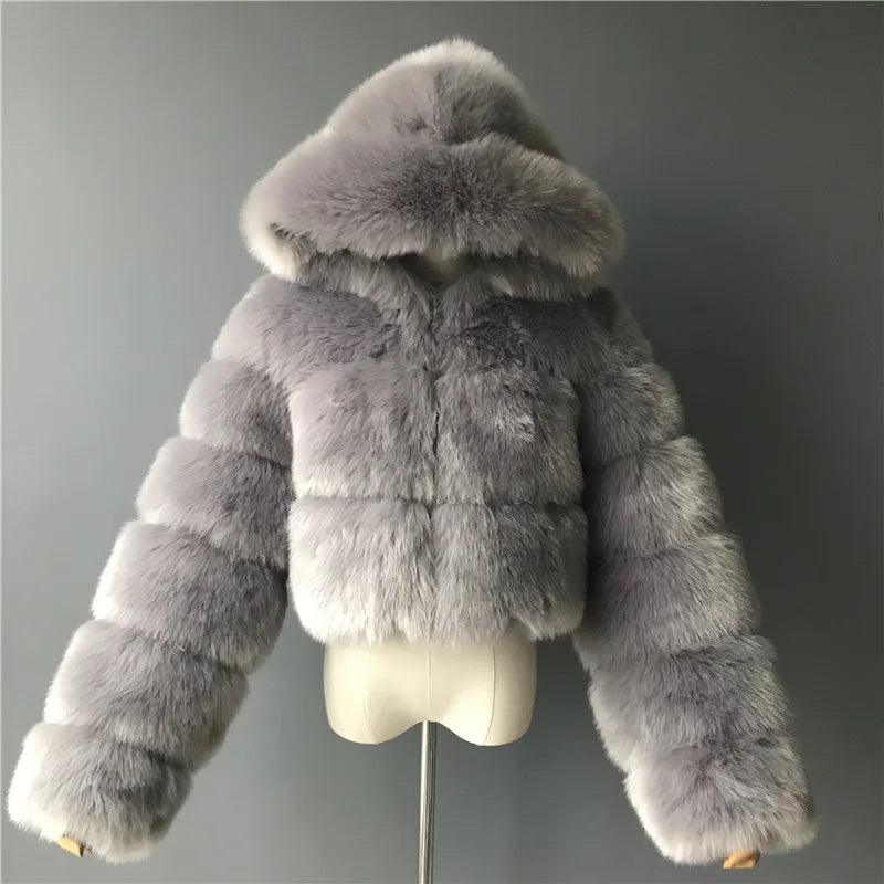 Winter Plus Size Women Faux Fur Coat Jacket Women Fleece Coat With Hood Fashion Cropped Top Fur Coat for Lady