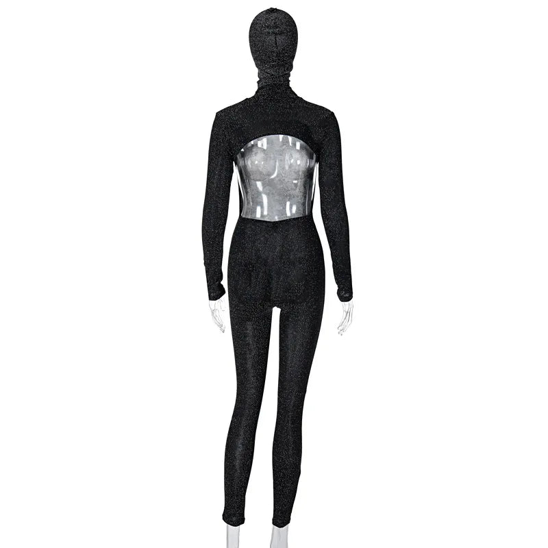 Shiny Outstanding Bodycon Hooded Jumpsuit Women Long Sleeve Sexy Backless Fashion Streetwear Skinny Slim Female Overoll