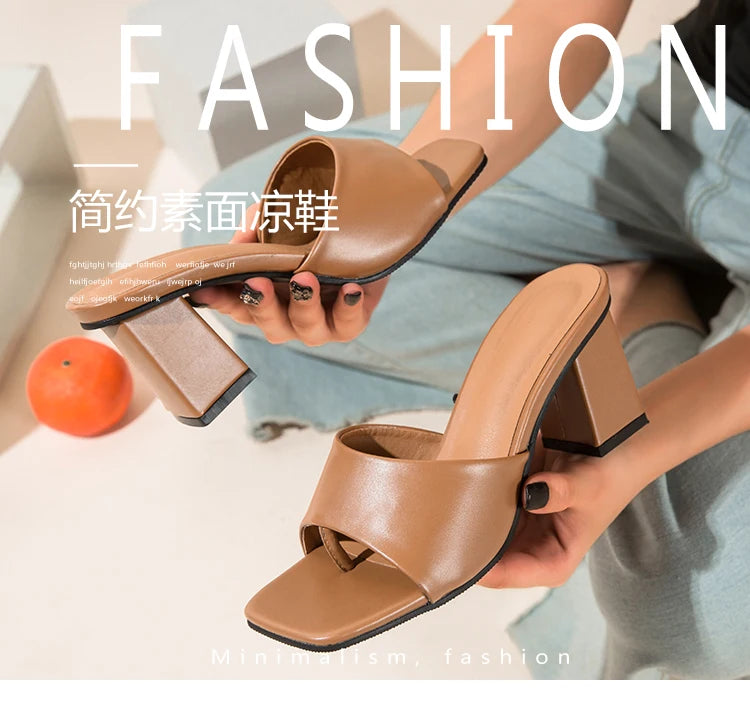 2025 Summer Women Slippers Fashion High Heels Square Toe Rubber PU  Leisure Beach Green  Flip Flops Sandalias Mujer Size 42