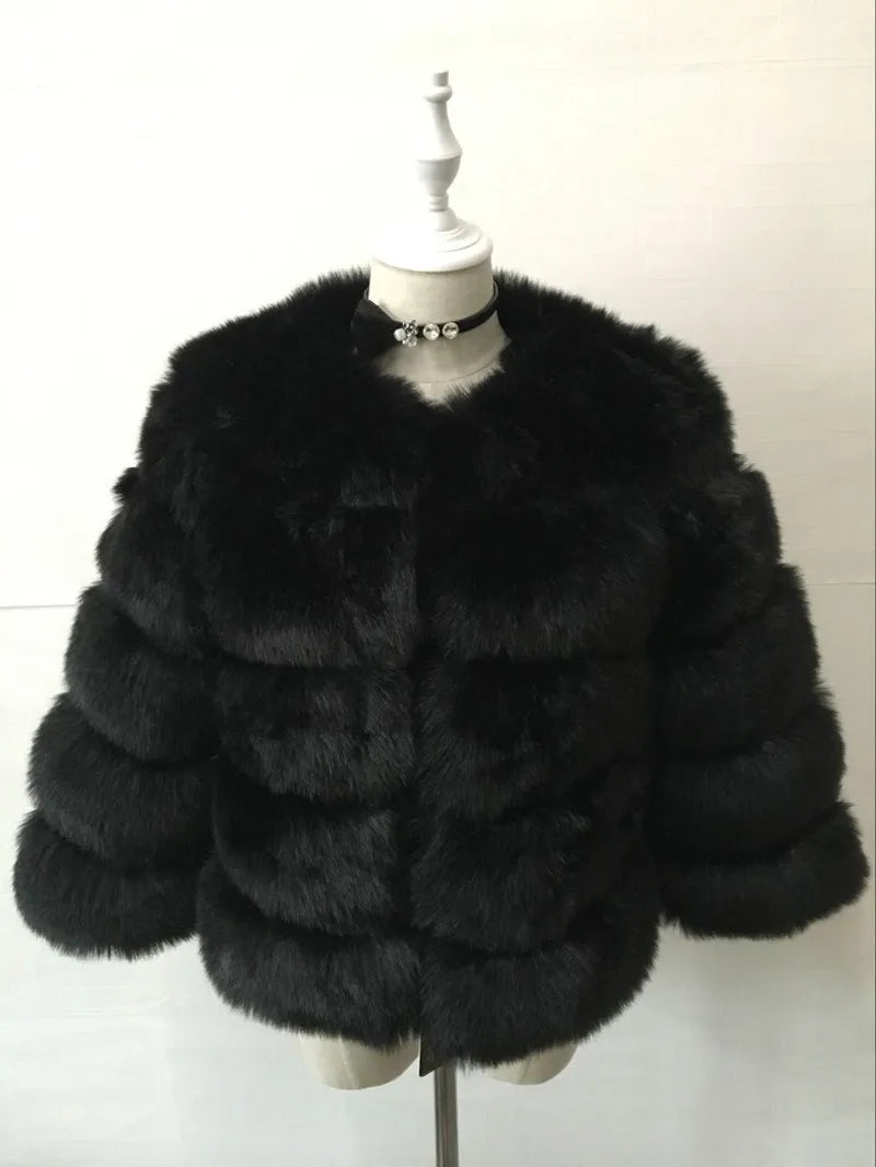 Faux Fur Women Coats Solid Round Neck Full Sleeve Coat Thick Warm Fox Short Open Stitch Elegant Splice Autumn Winter 2024