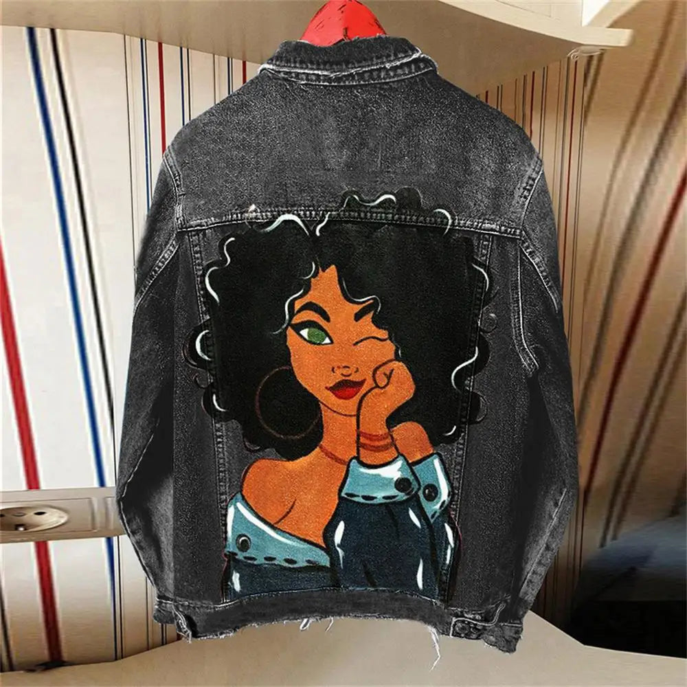 Denim New Jacketstreet Stylewomen's Printing City Girl Wash Water Foreign Trade Denim Jacket Women's 2022 Autumn And Winter New