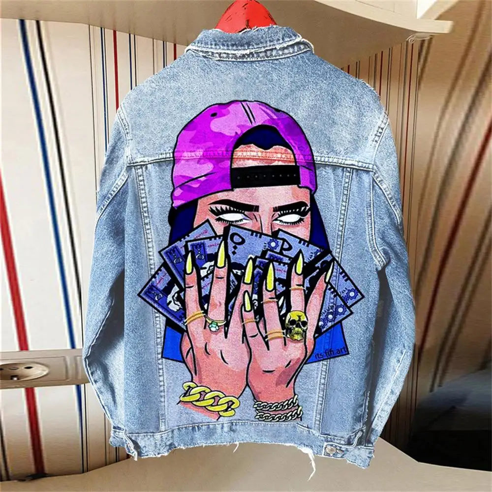 Women's Clothing 2024 Autumn New Hot Street Fashion INS Net Red Personality Sweet Love Girl Print Lapel Denim Jacket