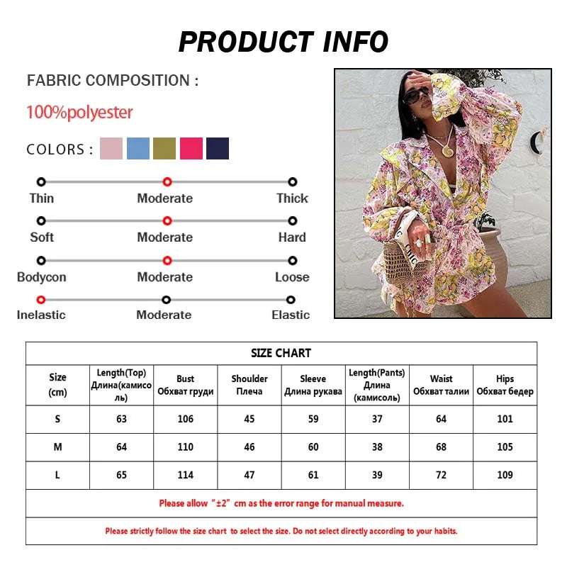 Oymimi Elegant Pink Print 2 Pieces Set For Woman Fashion Lapel Long Sleeve Ruffled Button Shirts And High Waisted Shorts Sets