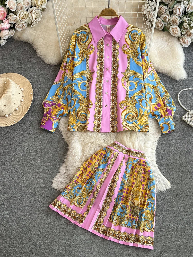 Spring Summer Vintage Short Skirt Two Piece Set for Women Fashion High Waist and Shirts Top 2 Piece Sets Pleated Skirts Outfits