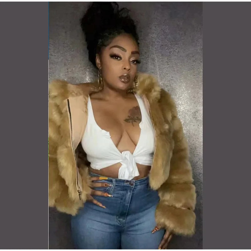 Solid Short Hooded Faux Fur Coat Women Chic Full Sleeve Zipper Cropped Loose Warm Coats Lady Winter Daily Highstreet Outerwears