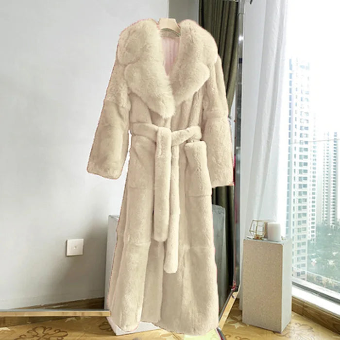 New Faux Fur Coat Women's Mid-Length Coat Fashion Loose Belly Covered Tide Sashes Winter Warm Outwear Solid Color