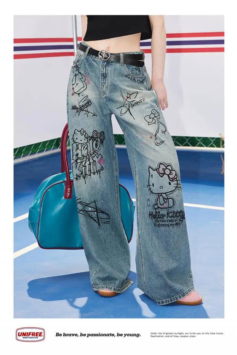 Streetwear Hello Kitty Wide Leg Pants Y2K Sanrio Jeans Women Vintage Blue Casual Loose Straight Trousers Cartoon Fashion Pants
