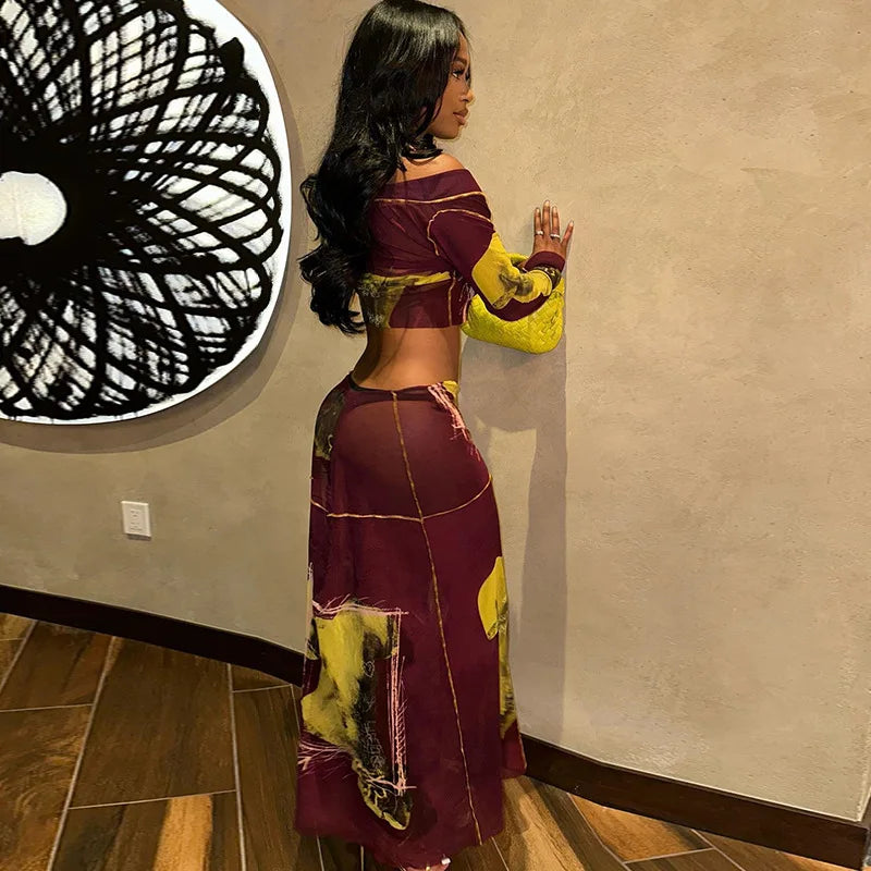 Leosoxs Two Piece Skirt Sets African Outfits Women Long Sleeve Crop Top + Single Breasted Skirts Suit Female Streetwear Clothing
