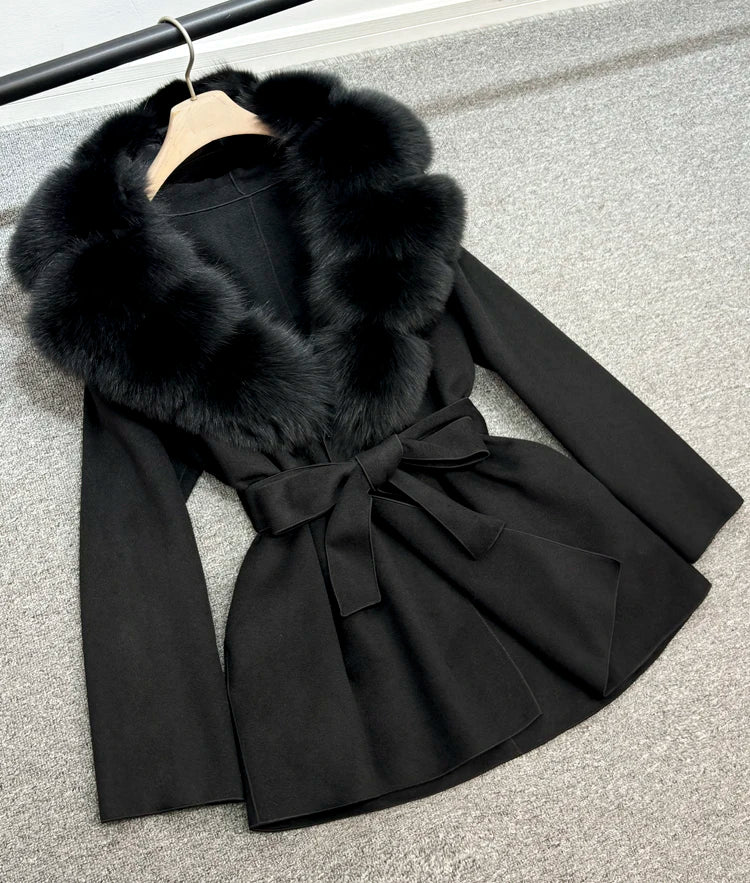 Janveny Wool Coat Women 2025 New Winter Autumn Cashmere Coats Luxury Real Fox Fur Collar Ladies Elegant Belt Design Outwear
