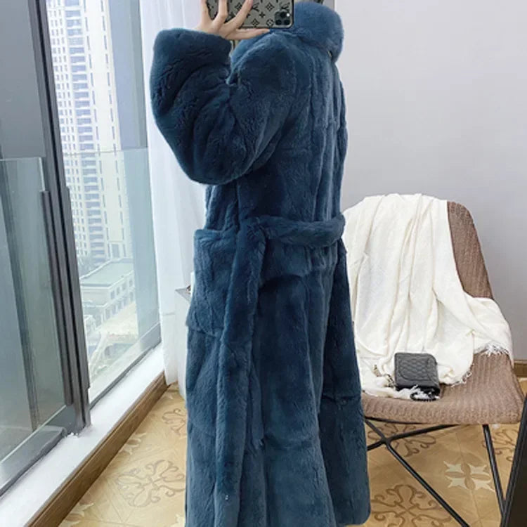 New Faux Fur Coat Women's Mid-Length Coat Fashion Loose Belly Covered Tide Sashes Winter Warm Outwear Solid Color