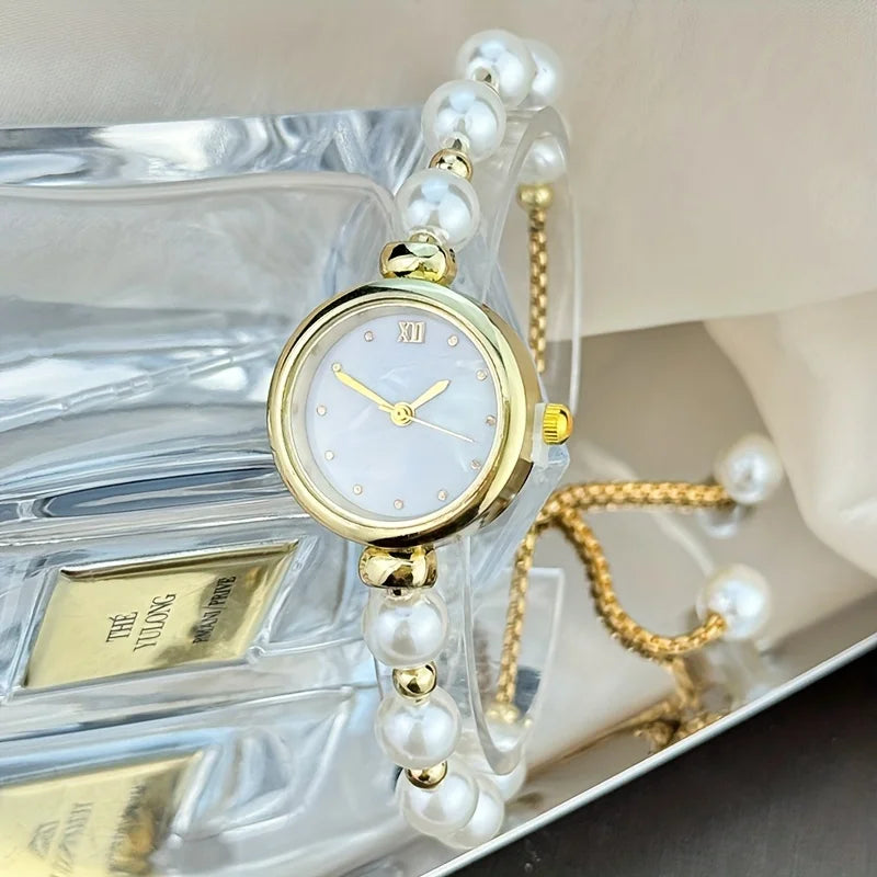 1pc Elegant Adjustable Pull-Out Alloy Strap with Imitation Pearl ,Comfortable Round Alloy Case Quartz Wrist Watch for Women