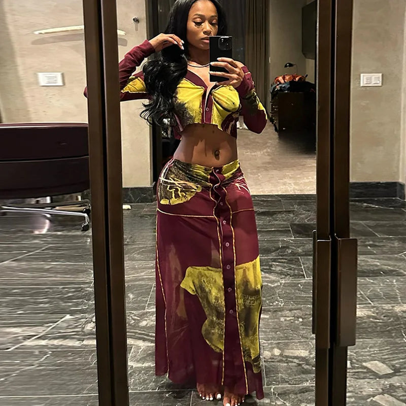 Leosoxs Two Piece Skirt Sets African Outfits Women Long Sleeve Crop Top + Single Breasted Skirts Suit Female Streetwear Clothing