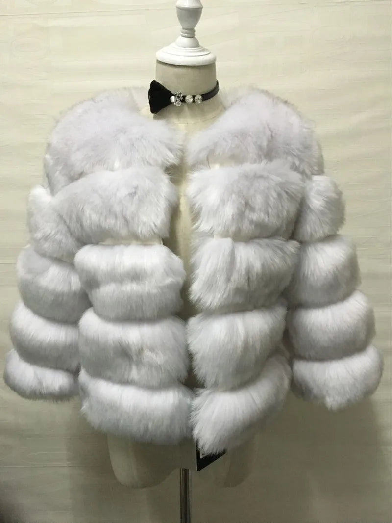 Faux Fur Women Coats Solid Round Neck Full Sleeve Coat Thick Warm Fox Short Open Stitch Elegant Splice Autumn Winter 2024