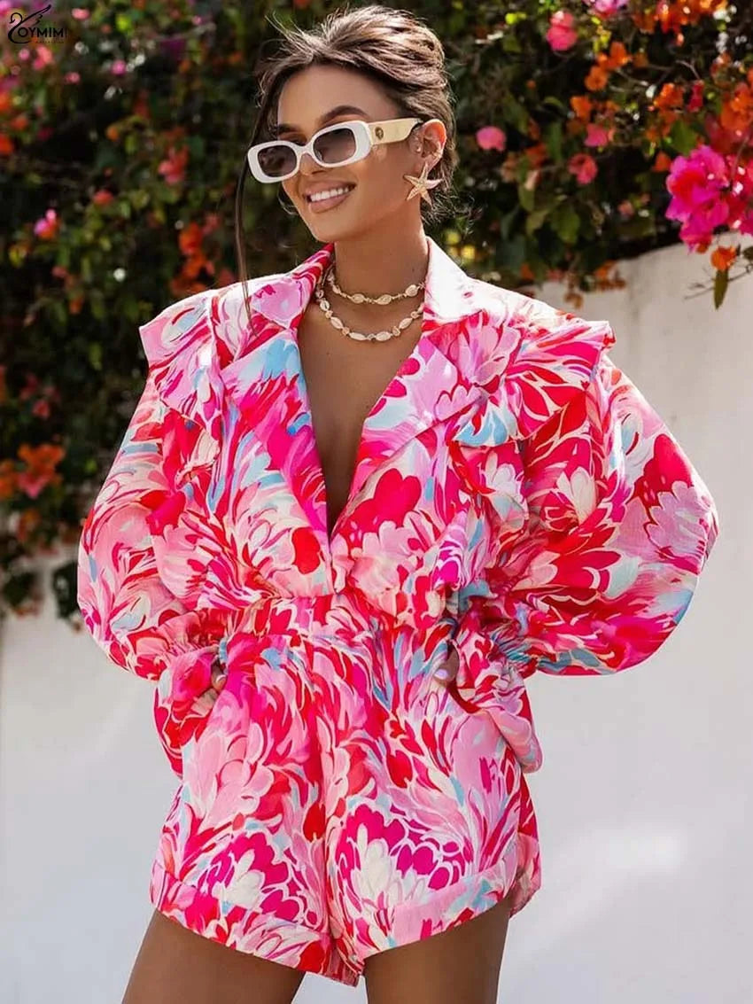 Oymimi Elegant Pink Print 2 Pieces Set For Woman Fashion Lapel Long Sleeve Ruffled Button Shirts And High Waisted Shorts Sets