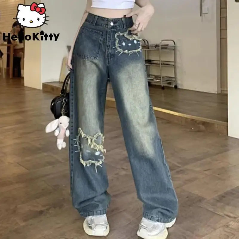 Streetwear Hello Kitty Wide Leg Pants Y2K Sanrio Jeans Women Vintage Blue Casual Loose Straight Trousers Cartoon Fashion Pants