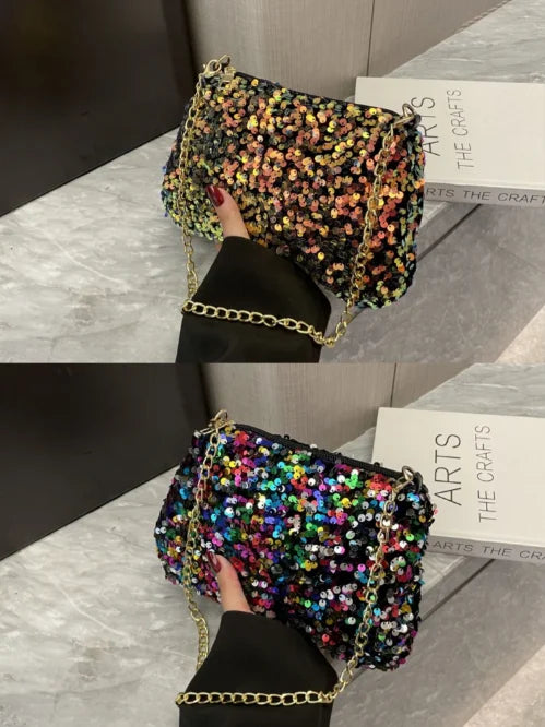 Solid Color Sequins Crossbody Bag Simple INS Chain Sequins Shoulder Bag Pocket Bag Phone Bag Small Square Bag Dinner Party