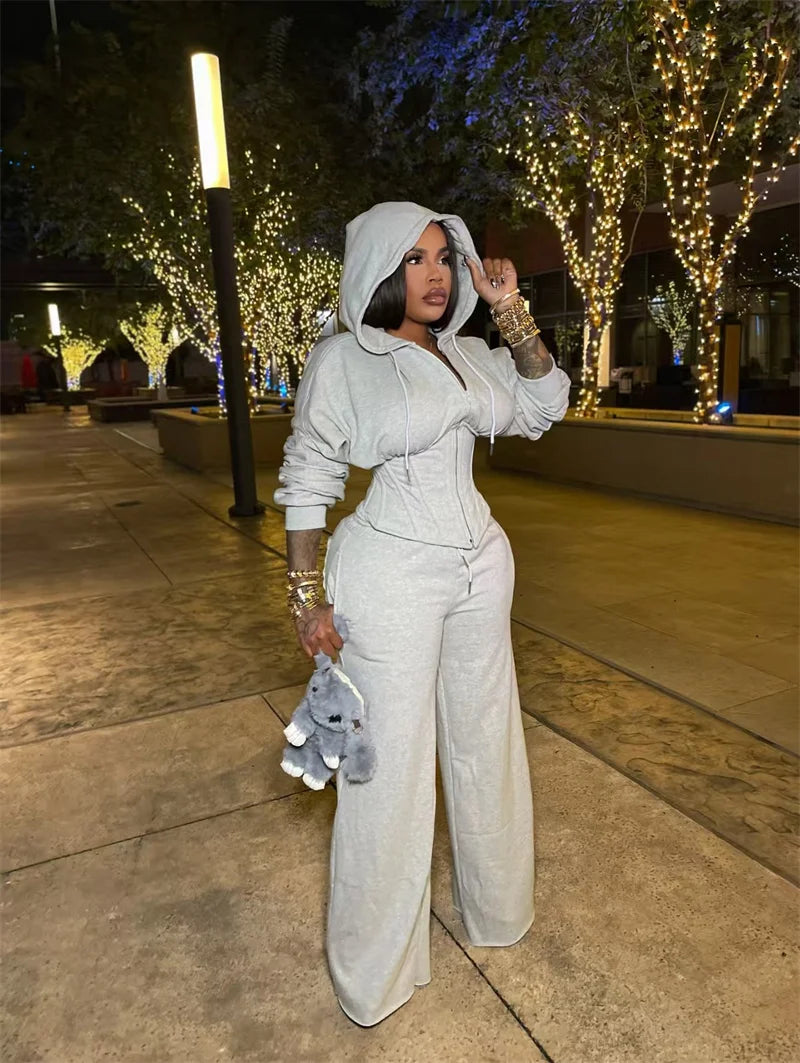 Streetwear Casual Tracksuit Woman 2 Piece Sets Sporty Zipper Hooded Lace-up Bandage Corset Jacket and Sweatpants Matching Set