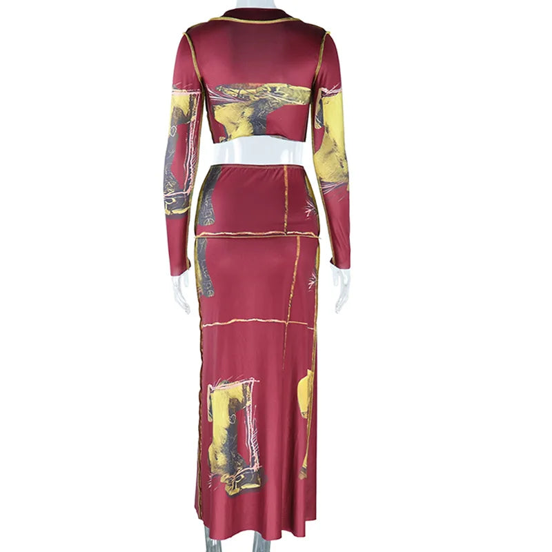 Leosoxs Two Piece Skirt Sets African Outfits Women Long Sleeve Crop Top + Single Breasted Skirts Suit Female Streetwear Clothing