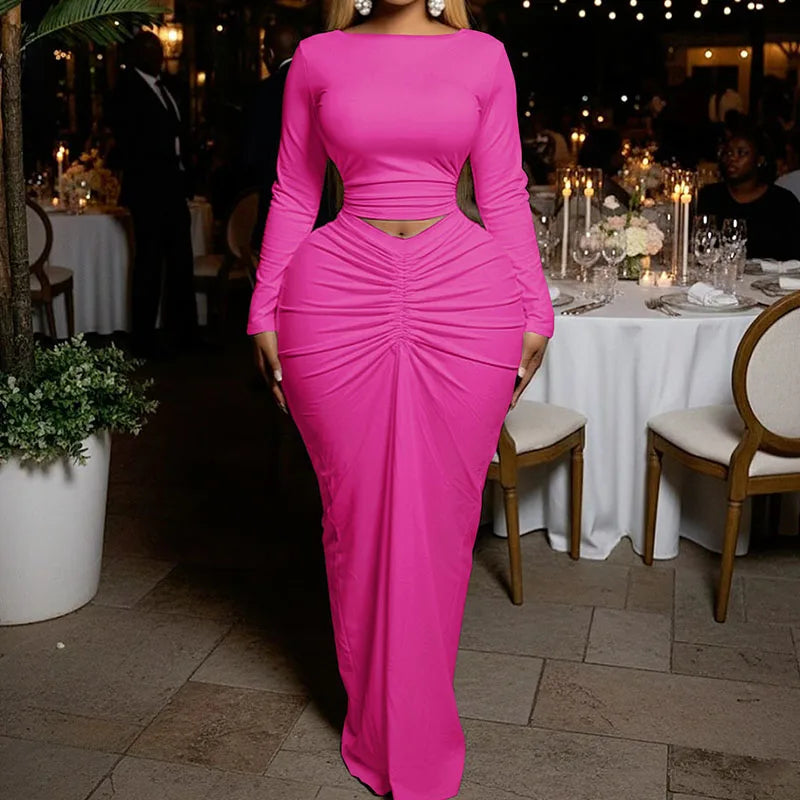 Doyerl Elegant Bodycon Maxi Dress Sets Woman 2 Piece Club Outfit Party Long Sleeve Top + Long Skirt Matching Set Ensembles Robes