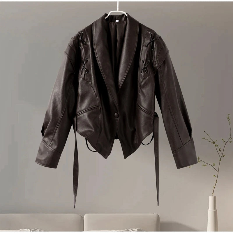 Women Leather Bomber Jackets Coats With Belt Notched Shoulder Pads Motorcycle Street Chic Short Outwear Fashion Solid Lace Up