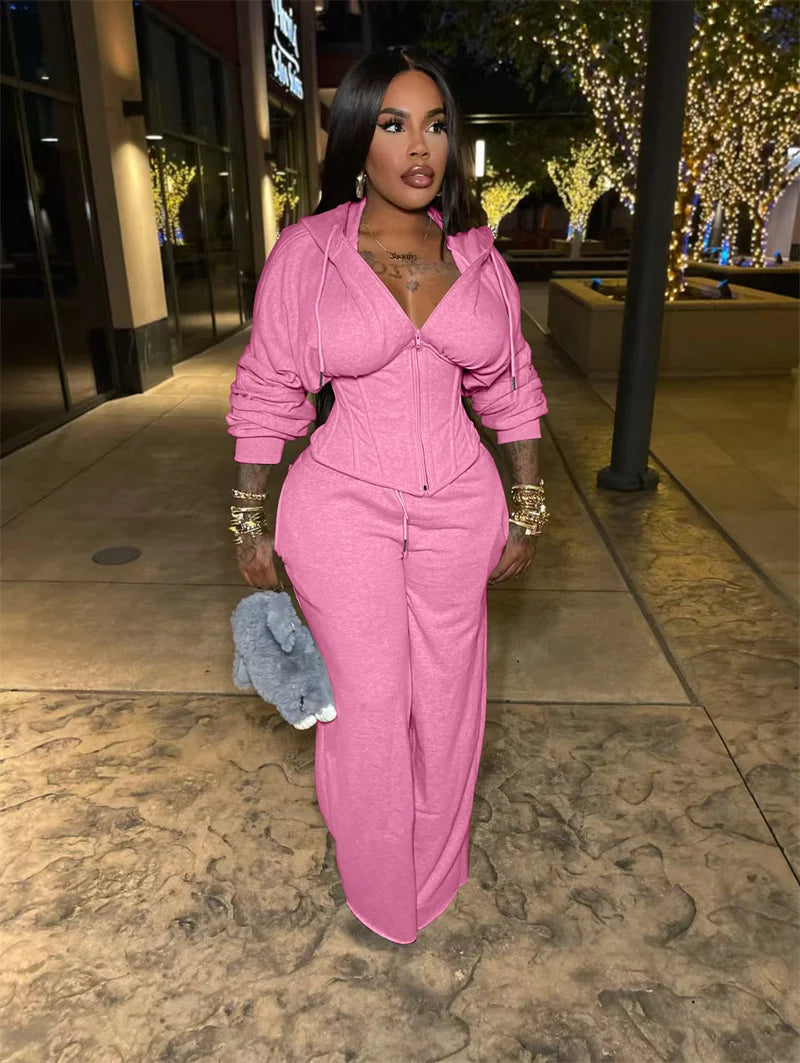 Streetwear Casual Tracksuit Woman 2 Piece Sets Sporty Zipper Hooded Lace-up Bandage Corset Jacket and Sweatpants Matching Set