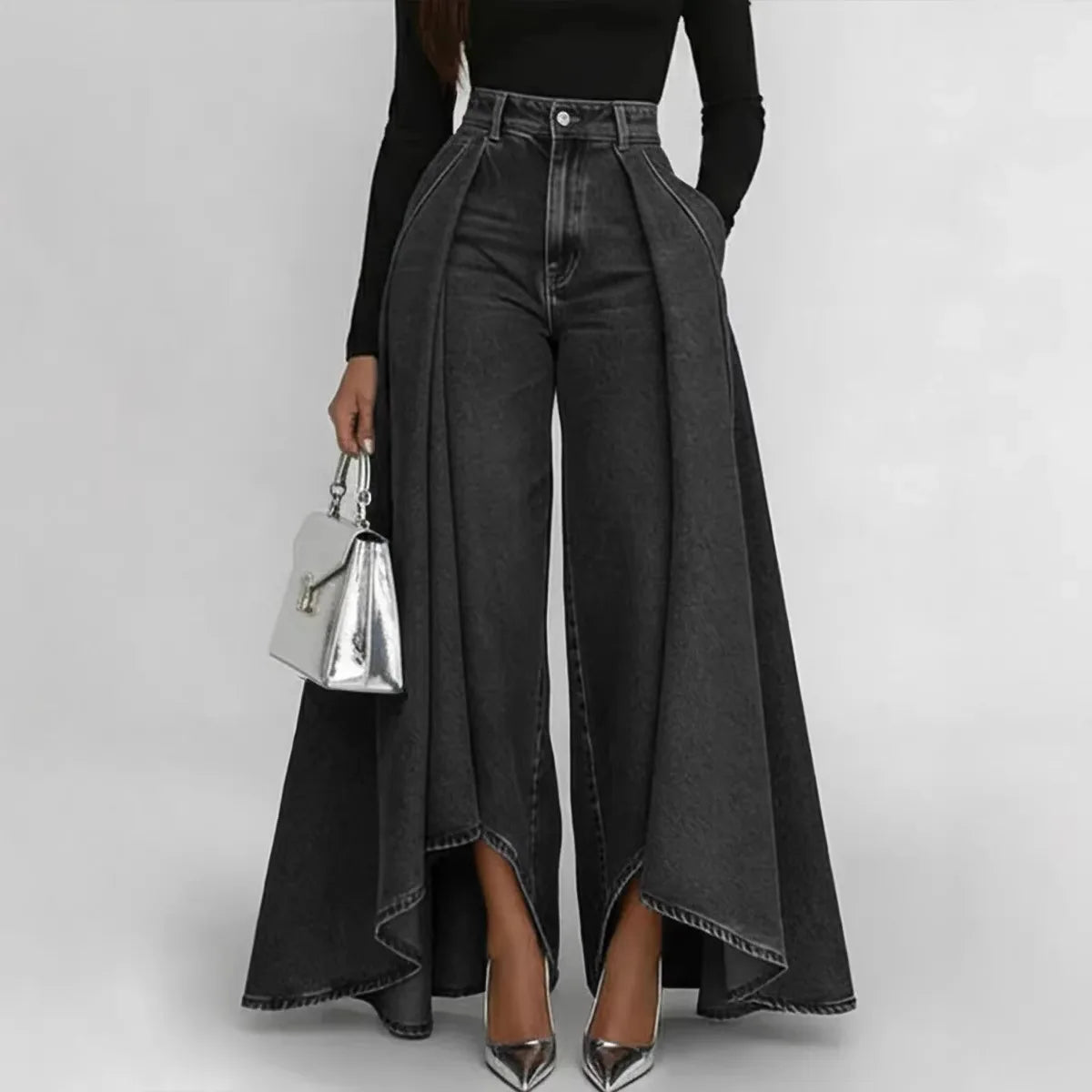 Fashion High Rise Denim Culottes Jeans Side Drape Oversized Wide Leg Pants Loose Fit Casual Street Trousers