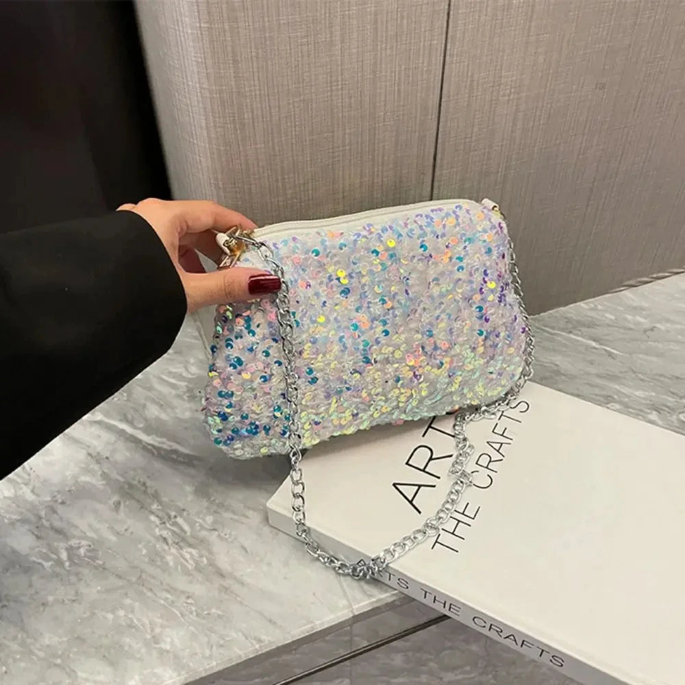 Solid Color Sequins Crossbody Bag Simple INS Chain Sequins Shoulder Bag Pocket Bag Phone Bag Small Square Bag Dinner Party